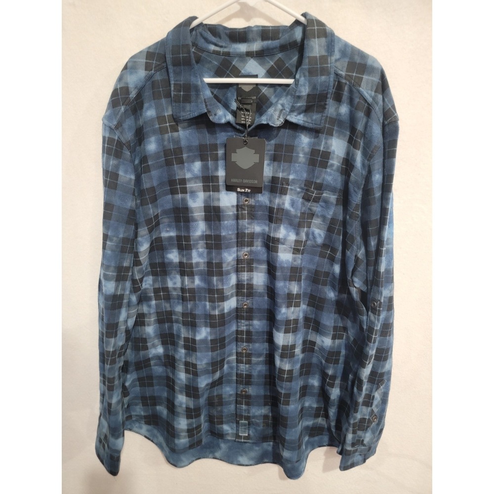 NWT Harley-Davidson Black Label 3XL Slim Fit Blue Burnout Flannel Shirt 1903
